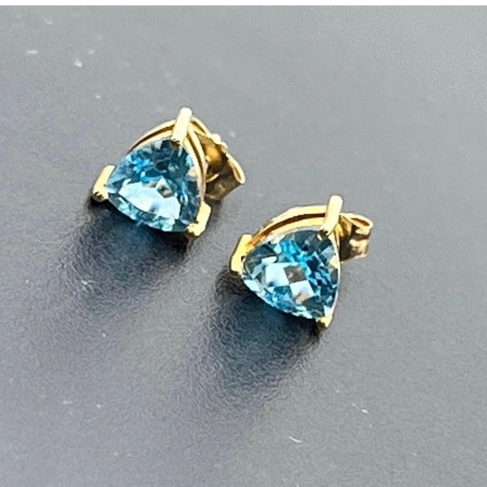 Designer Signed 14k Yellow Gold Trillion Cut Blue Topaz Stud MEXICO Dec Earrings